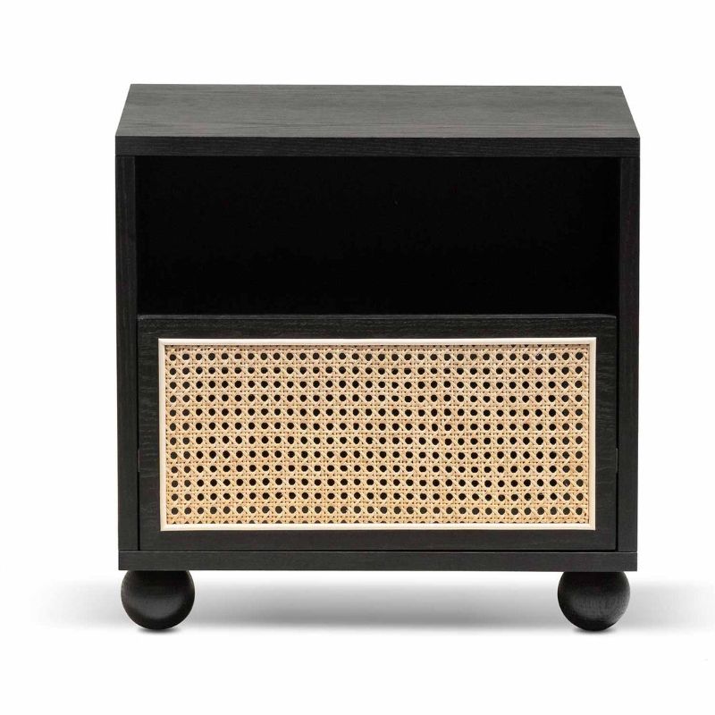 Bay Wooden Side Table With Rattan Front Natural Black Finish Front View