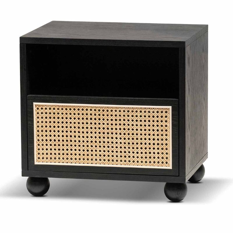 Bay Wooden Side Table With Rattan Front Natural Black Finish