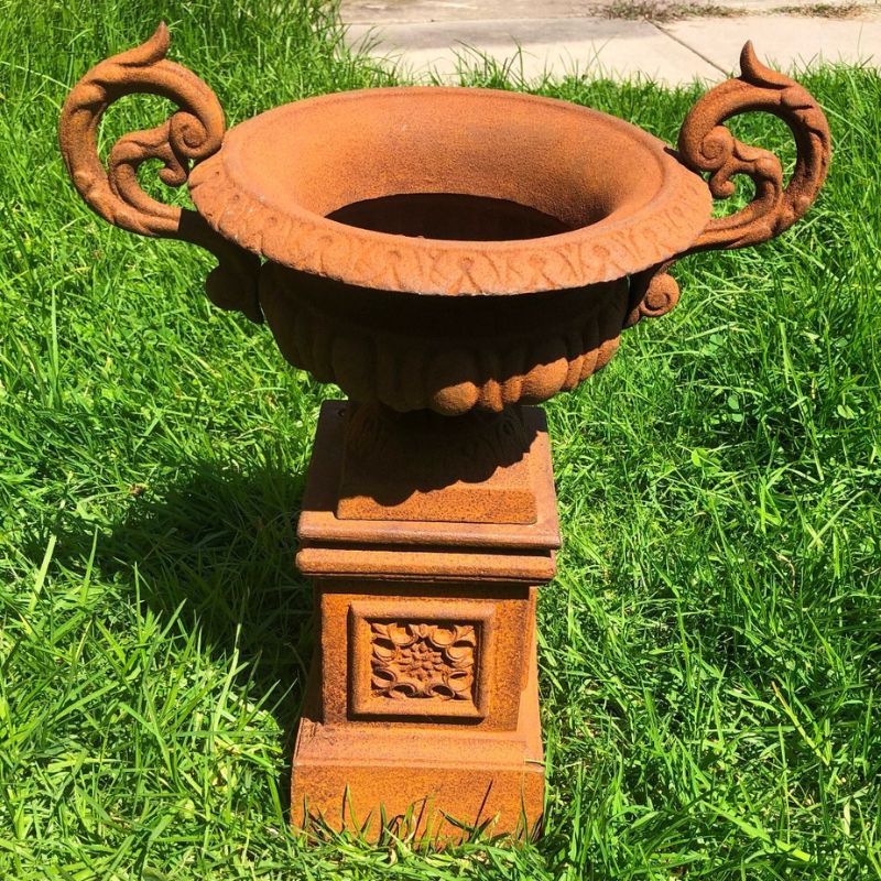 Campana Cast Iron Garden Urn And Pedestal Set Rust