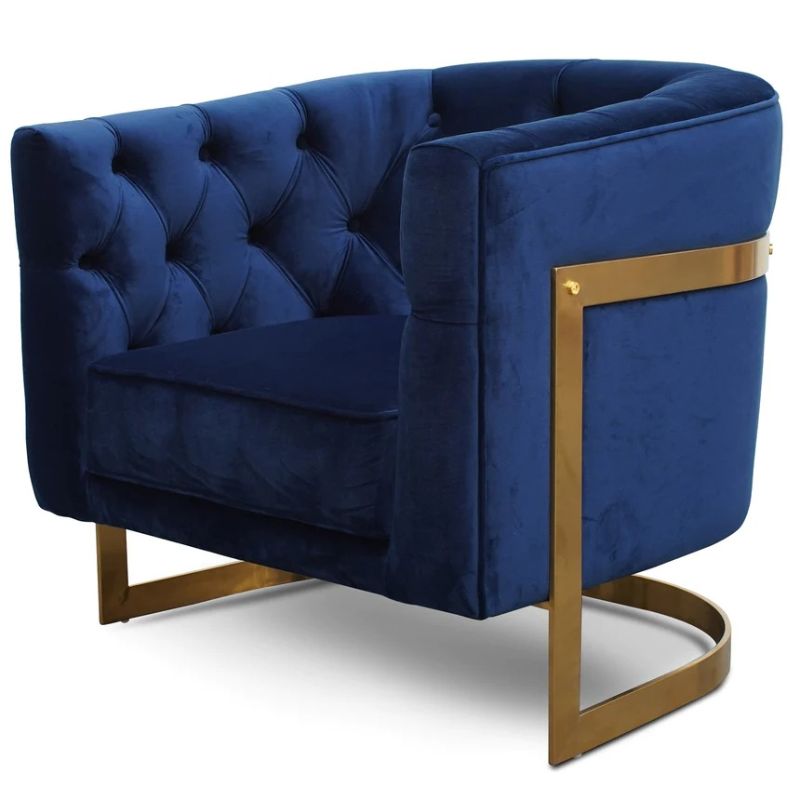 Carraway Armchair Brushed Gold Base Blue Right Corner
