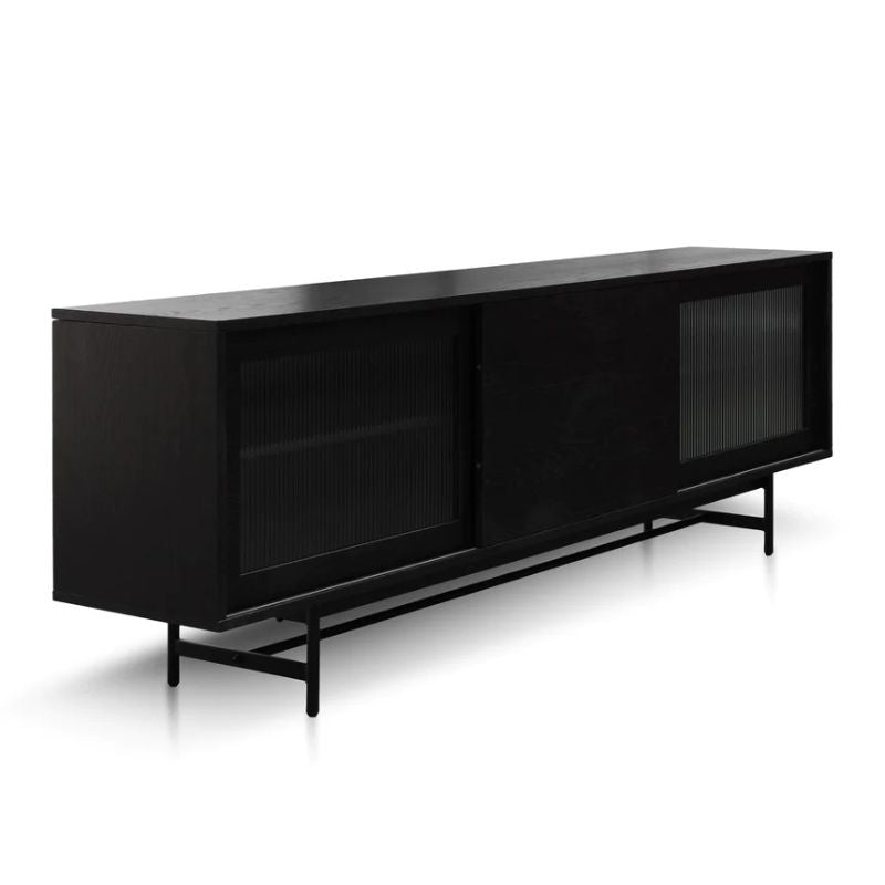 Copperwood 120CM Wooden Entertainment Tv Unit Black With Flute Glass Door Right Angle