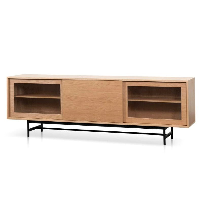 Copperwood 120CM Wooden Entertainment Tv Unit Natural With Flute Glass Door Angle