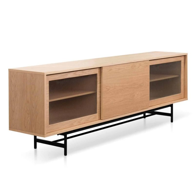 Copperwood 120CM Wooden Entertainment Tv Unit Natural With Flute Glass Door Left Angle
