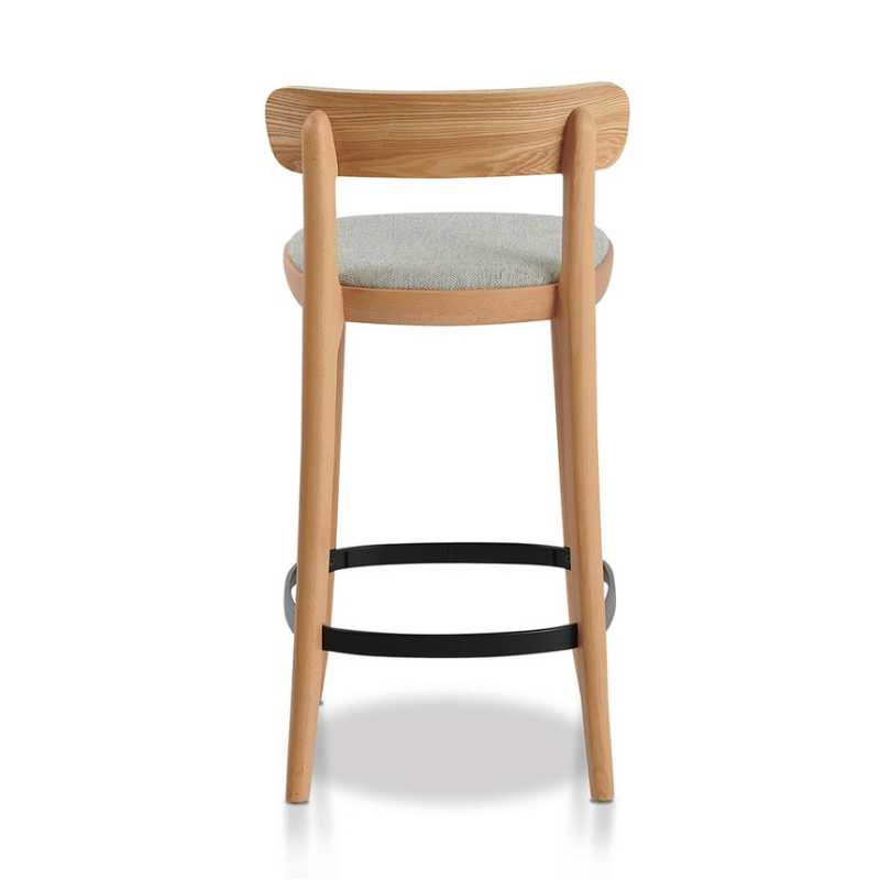 Fletcher 65CM Black Wooden Bar Stool Natural With Grey Seat Back Side View