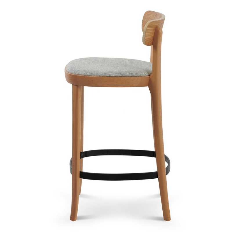 Fletcher 65CM Black Wooden Bar Stool Natural With Grey Seat Side View