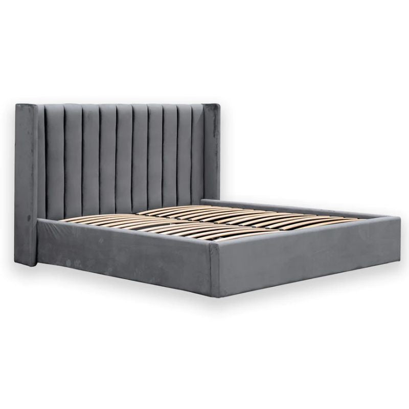 Hamelwood King Bed Frame Charcoal Velvet Open Angle