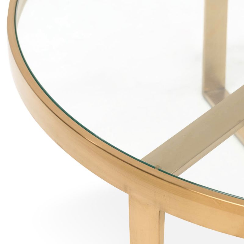 Hayes 90CM Round Glass Coffee Table Brushed Gold Base View