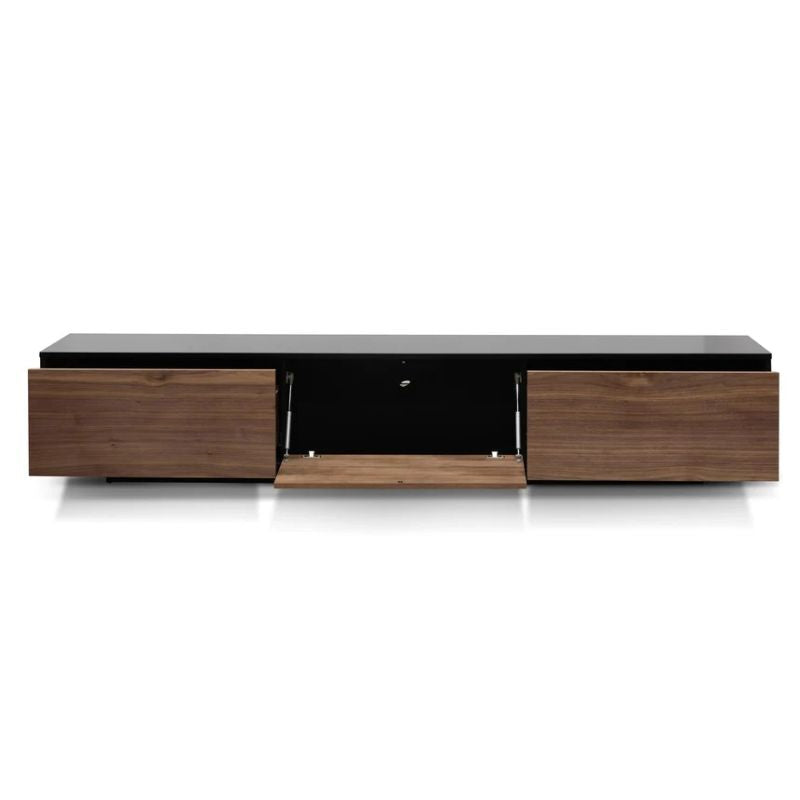 Holbrook Wooden Entertainment Unit Black With Walnut Drawers Mid Open