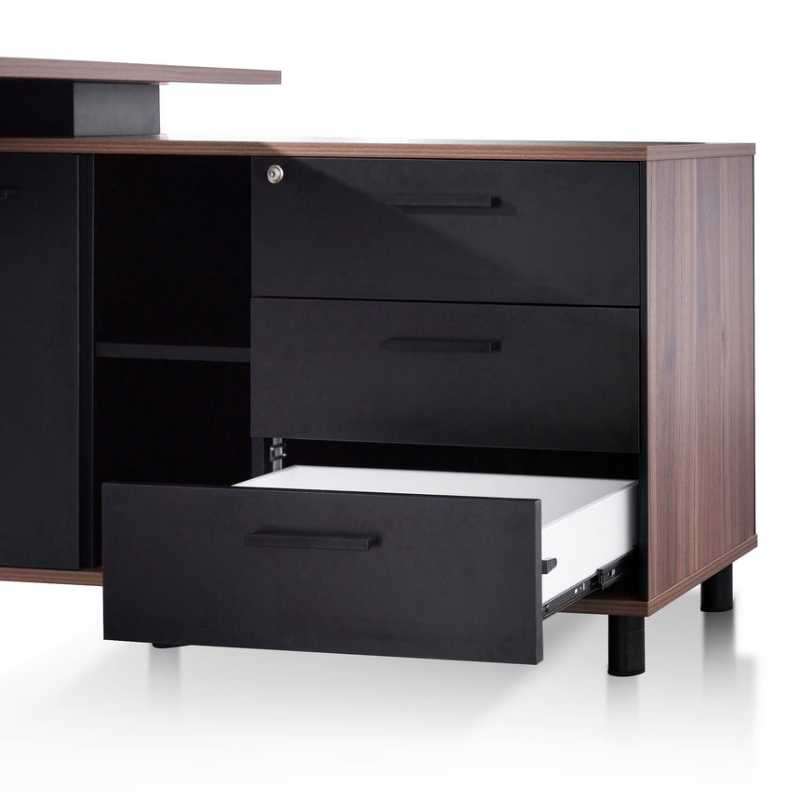 Lakefront 180CM Executive Desk Right Return With Black Legs Walnut Last Drawer Open View
