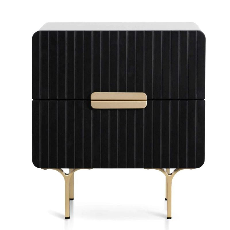 Leyton Matte Black Bedside Table Brass Legs And Handle Front