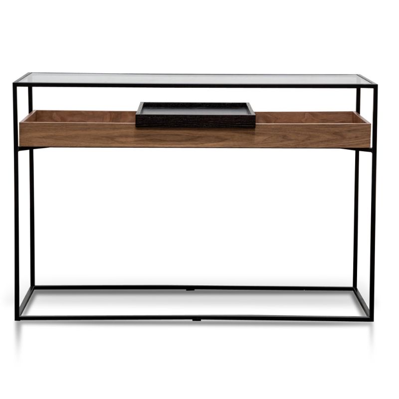 Richmond Glass Console Table Walnut Black Tray Front