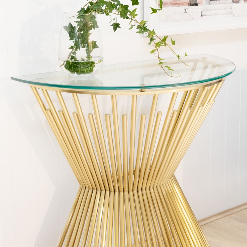 Rothesay 87CM Glass Console Table Brushed Gold Base With Plant
