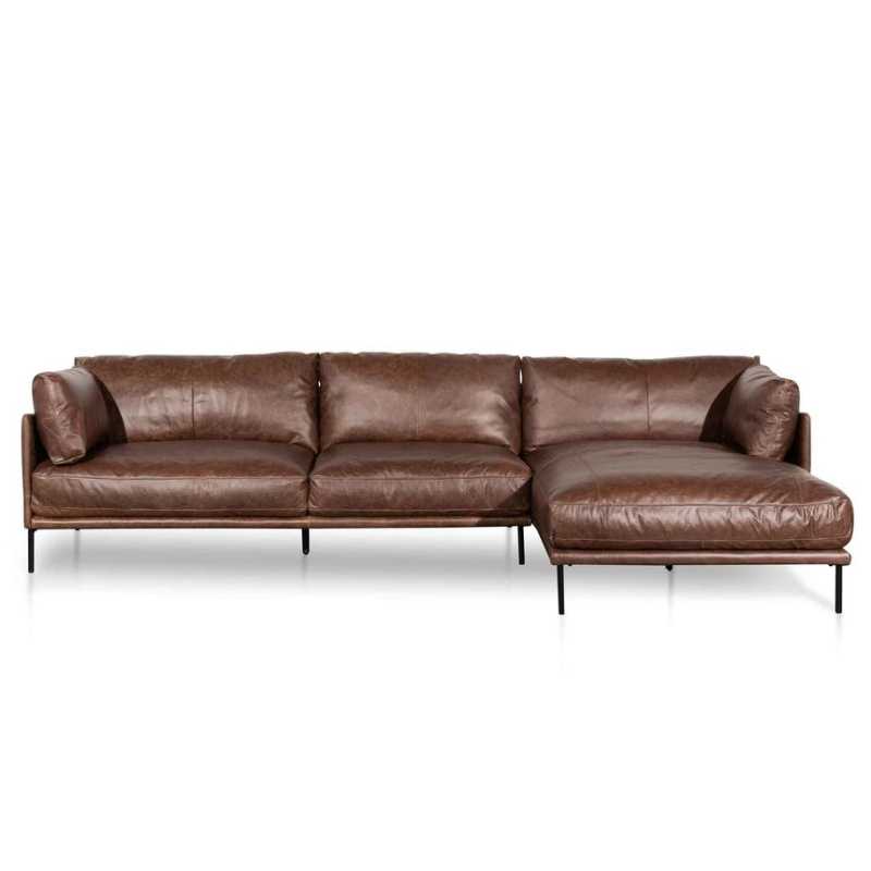 Sunrisebay 4 Seater Chaise Leather Sofa Dark Brown Front View