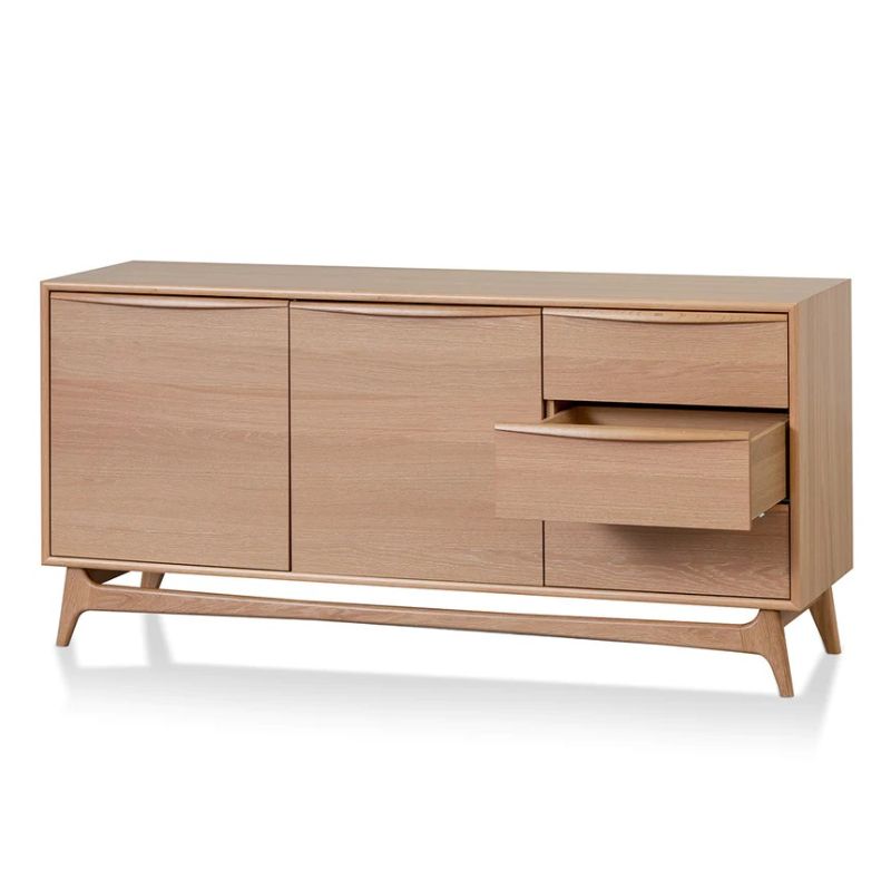 Wide Sideboard Unit With Drawers Natural Oak Sixth Drawer Open